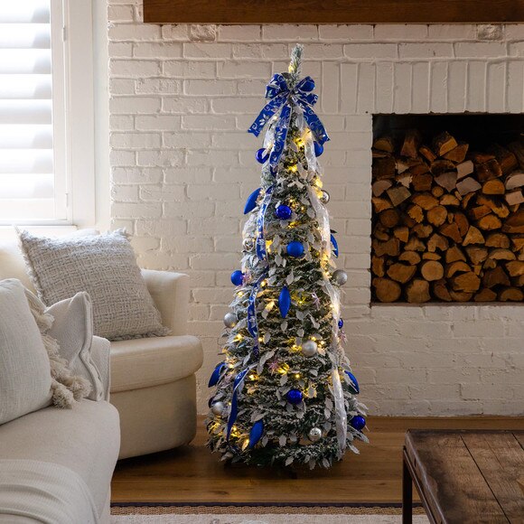 5-ft Pre-Lit Artificial Pop Up Flocked Christmas Tree with Silver Blue Ornaments Ribbons and 100 Warm White LED Lights - SKU #T5413 - 18