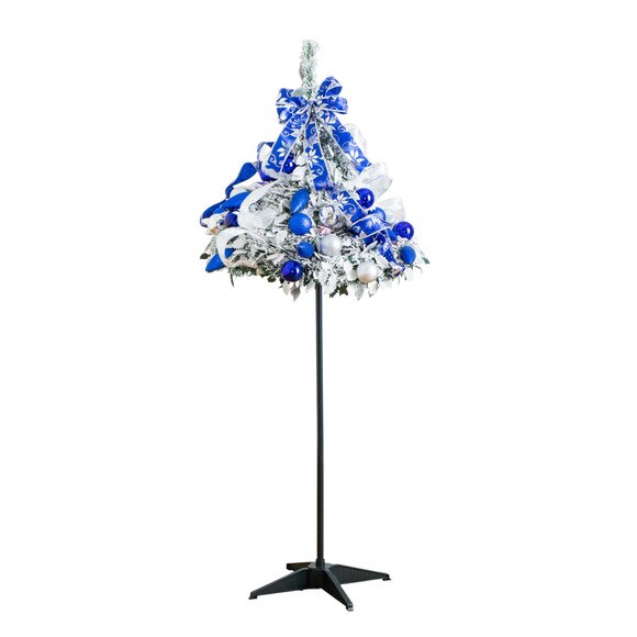 5-ft Pre-Lit Artificial Pop Up Flocked Christmas Tree with Silver Blue Ornaments Ribbons and 100 Warm White LED Lights - SKU #T5413 - 19