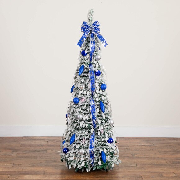 5-ft Pre-Lit Artificial Pop Up Flocked Christmas Tree with Silver Blue Ornaments Ribbons and 100 Warm White LED Lights - SKU #T5413 - 20