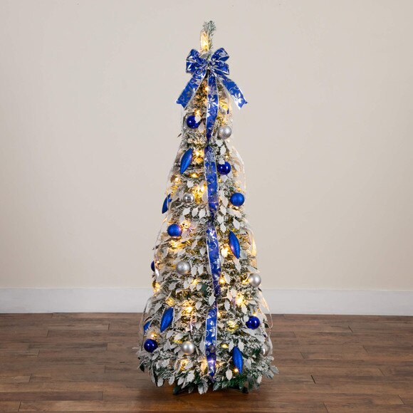 5-ft Pre-Lit Artificial Pop Up Flocked Christmas Tree with Silver Blue Ornaments Ribbons and 100 Warm White LED Lights - SKU #T5413 - 21