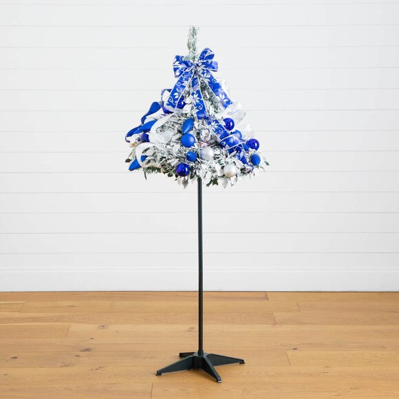 5-ft Pre-Lit Artificial Pop Up Flocked Christmas Tree with Silver Blue Ornaments Ribbons and 100 Warm White LED Lights - SKU #T5413 - 28