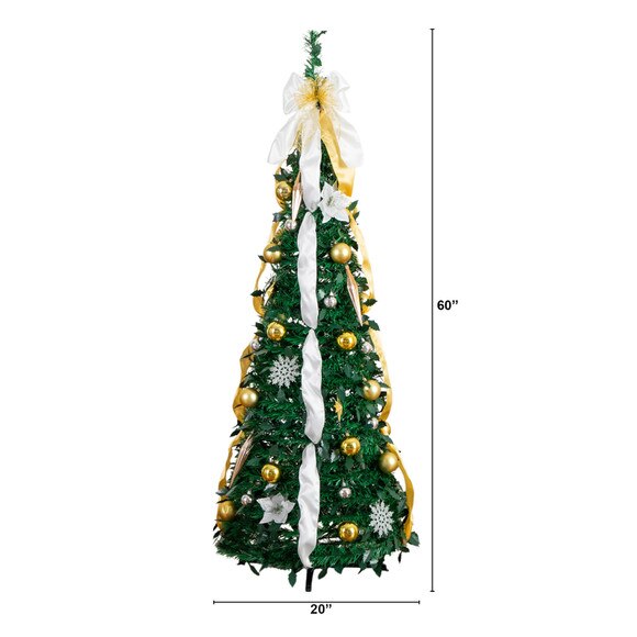 5-ft Pre-Lit Artificial Pop up Christmas Tree with Gold Silver Ornaments Ribbons and 100 Warm White LED Lights - SKU #T5414 - 1