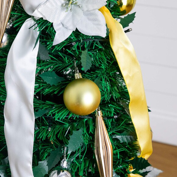 5-ft Pre-Lit Artificial Pop up Christmas Tree with Gold Silver Ornaments Ribbons and 100 Warm White LED Lights - SKU #T5414 - 2