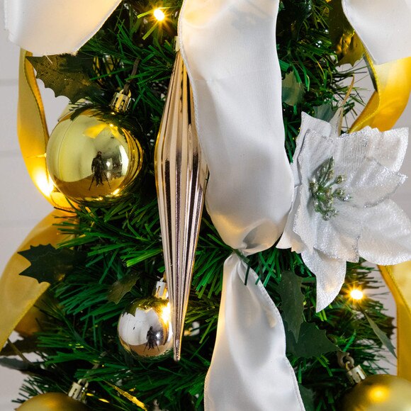 5-ft Pre-Lit Artificial Pop up Christmas Tree with Gold Silver Ornaments Ribbons and 100 Warm White LED Lights - SKU #T5414 - 17