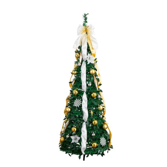 5-ft Pre-Lit Artificial Pop up Christmas Tree with Gold Silver Ornaments Ribbons and 100 Warm White LED Lights - SKU #T5414 - 23