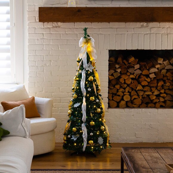 5-ft Pre-Lit Artificial Pop up Christmas Tree with Gold Silver Ornaments Ribbons and 100 Warm White LED Lights - SKU #T5414 - 25