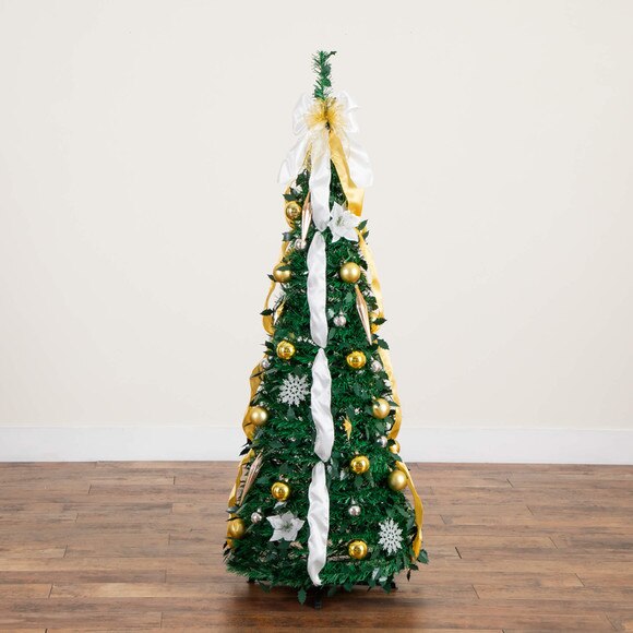 5-ft Pre-Lit Artificial Pop up Christmas Tree with Gold Silver Ornaments Ribbons and 100 Warm White LED Lights - SKU #T5414 - 27