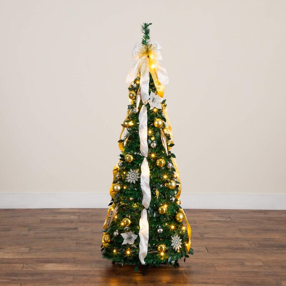 5-ft Pre-Lit Artificial Pop up Christmas Tree with Gold Silver Ornaments Ribbons and 100 Warm White LED Lights - SKU #T5414 - 28