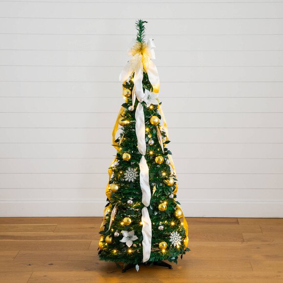 5-ft Pre-Lit Artificial Pop up Christmas Tree with Gold Silver Ornaments Ribbons and 100 Warm White LED Lights - SKU #T5414 - 30