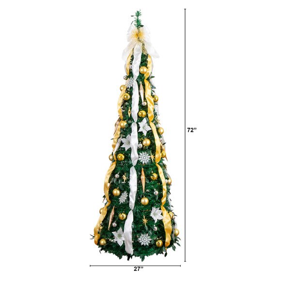 6-ft Pre-Lit Artificial Pop up Christmas Tree with Gold Silver Ornaments Ribbons and 150 Warm White LED Lights - SKU #T5415 - 1
