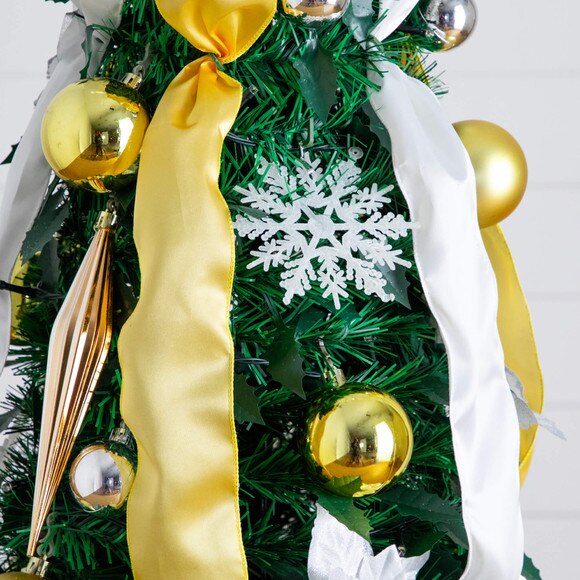 6-ft Pre-Lit Artificial Pop up Christmas Tree with Gold Silver Ornaments Ribbons and 150 Warm White LED Lights - SKU #T5415 - 13