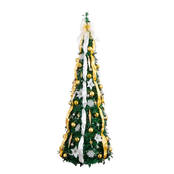 6-ft Pre-Lit Artificial Pop up Christmas Tree with Gold Silver Ornaments Ribbons and 150 Warm White LED Lights - SKU #T5415 - 17