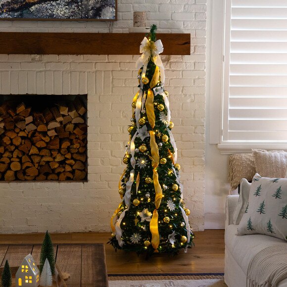 6-ft Pre-Lit Artificial Pop up Christmas Tree with Gold Silver Ornaments Ribbons and 150 Warm White LED Lights - SKU #T5415 - 20