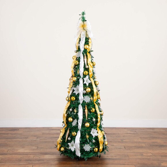 6-ft Pre-Lit Artificial Pop up Christmas Tree with Gold Silver Ornaments Ribbons and 150 Warm White LED Lights - SKU #T5415 - 21