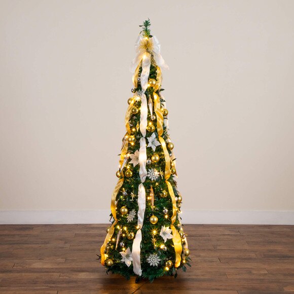 6-ft Pre-Lit Artificial Pop up Christmas Tree with Gold Silver Ornaments Ribbons and 150 Warm White LED Lights - SKU #T5415 - 22