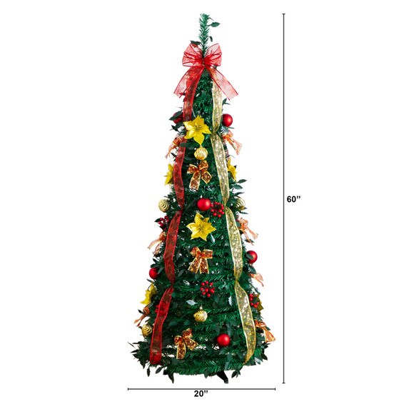 5-ft Pre-Lit Artificial Pop up Christmas Tree with Red Gold Ornaments Ribbons and 100 Warm White LED Lights - SKU #T5416 - 1