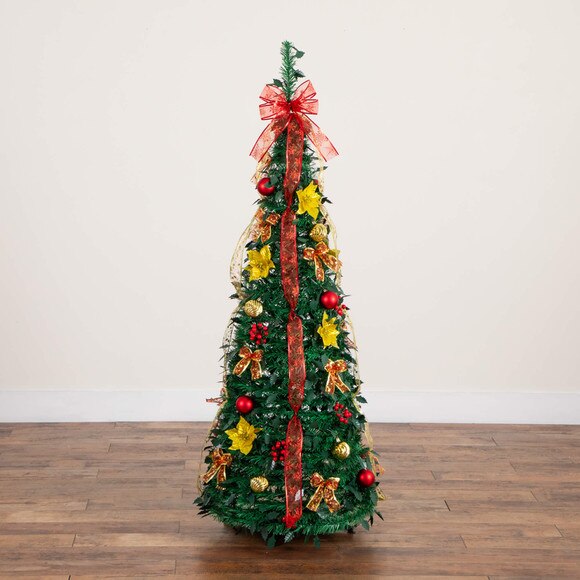 5-ft Pre-Lit Artificial Pop up Christmas Tree with Red Gold Ornaments Ribbons and 100 Warm White LED Lights - SKU #T5416 - 22