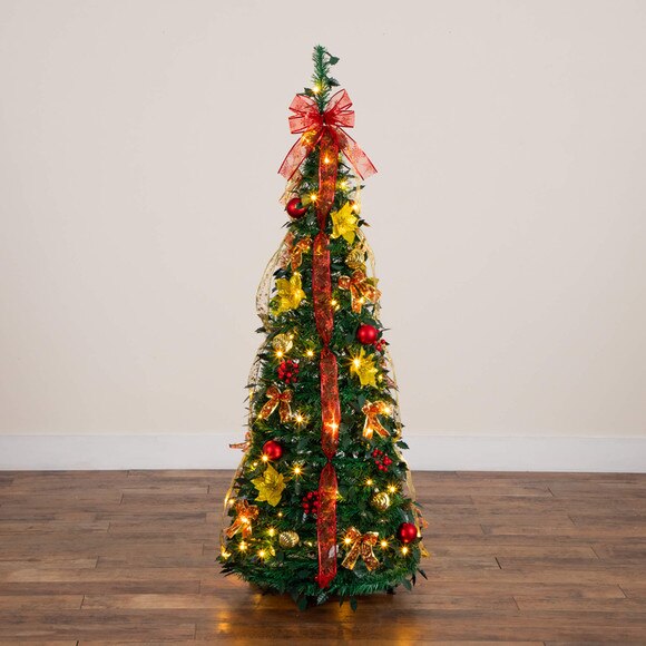 5-ft Pre-Lit Artificial Pop up Christmas Tree with Red Gold Ornaments Ribbons and 100 Warm White LED Lights - SKU #T5416 - 23