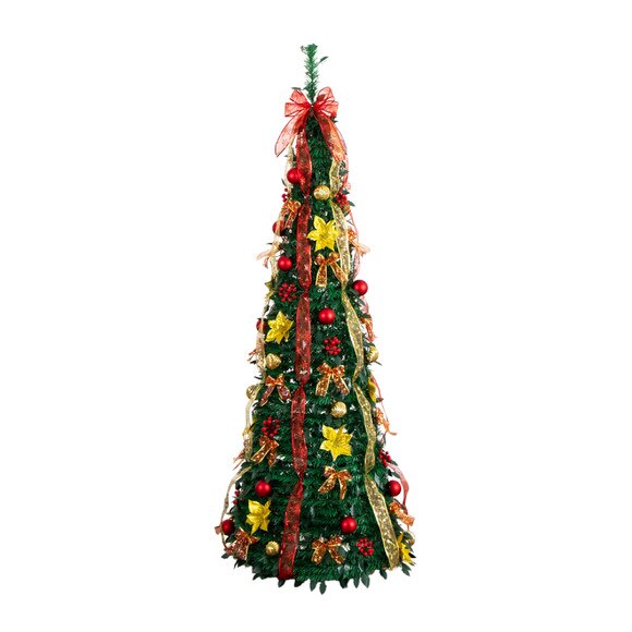 6-ft Pre-Lit Artificial Pop up Christmas Tree with Red Gold Ornaments Ribbons and 150 Warm White LED Lights - SKU #T5417 - 16