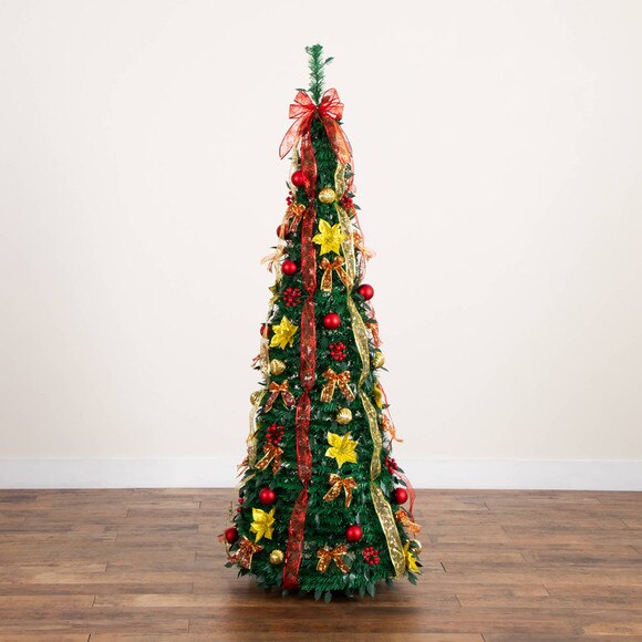 6-ft Pre-Lit Artificial Pop up Christmas Tree with Red Gold Ornaments Ribbons and 150 Warm White LED Lights - SKU #T5417 - 23