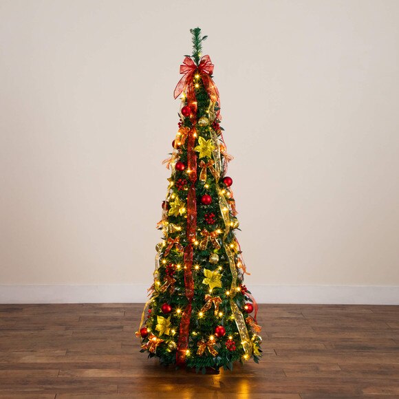 6-ft Pre-Lit Artificial Pop up Christmas Tree with Red Gold Ornaments Ribbons and 150 Warm White LED Lights - SKU #T5417 - 24