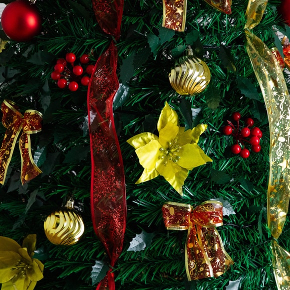 7-ft Pre-Lit Artificial Pop up Christmas Tree with Red Gold Ornaments Ribbons and 180 Warm White LED Lights - SKU #T5418 - 12