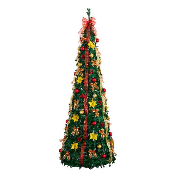 7-ft Pre-Lit Artificial Pop up Christmas Tree with Red Gold Ornaments Ribbons and 180 Warm White LED Lights - SKU #T5418 - 16