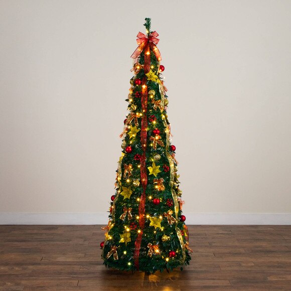7-ft Pre-Lit Artificial Pop up Christmas Tree with Red Gold Ornaments Ribbons and 180 Warm White LED Lights - SKU #T5418 - 20