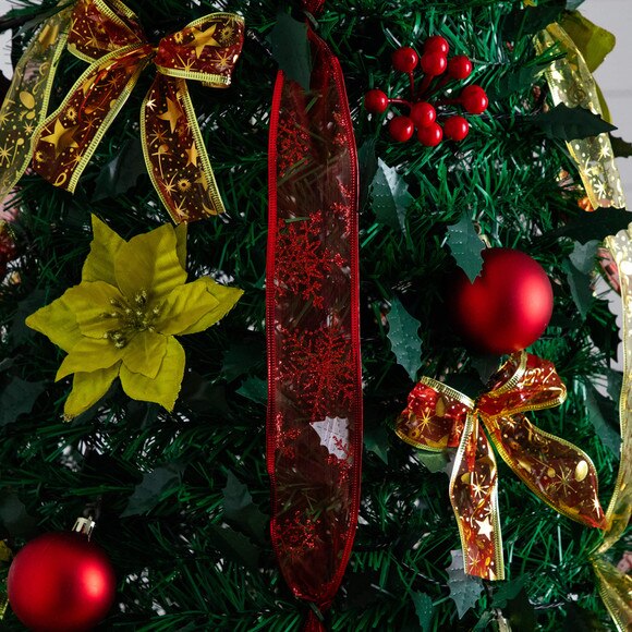 7-ft Pre-Lit Artificial Pop up Christmas Tree with Red Gold Ornaments Ribbons and 180 Warm White LED Lights - SKU #T5418 - 21