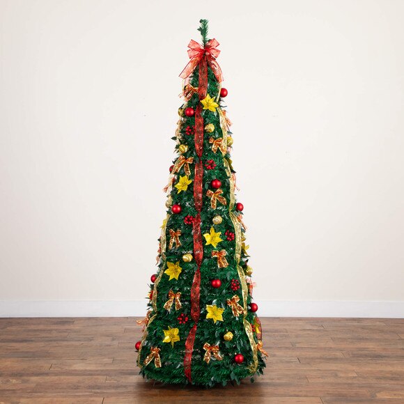 7-ft Pre-Lit Artificial Pop up Christmas Tree with Red Gold Ornaments Ribbons and 180 Warm White LED Lights - SKU #T5418 - 24