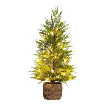 32-in Pre-Lit Artificial Lightly Snowed Cypress Christmas Tree with 30 Warm White LED Lights in Decorative Weaved Basket - SKU #T5422
