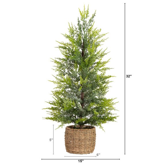 32-in Pre-Lit Artificial Lightly Snowed Cypress Christmas Tree with 30 Warm White LED Lights in Decorative Weaved Basket - SKU #T5422 - 1