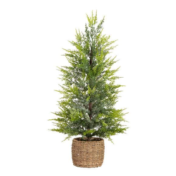 32-in Pre-Lit Artificial Lightly Snowed Cypress Christmas Tree with 30 Warm White LED Lights in Decorative Weaved Basket - SKU #T5422 - 3