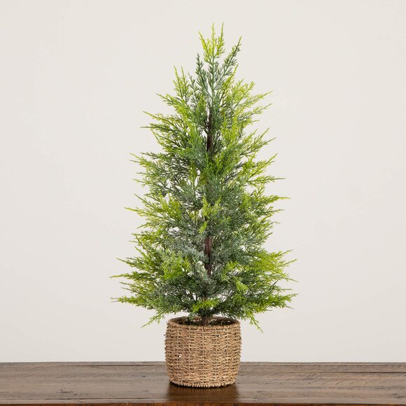 32-in Pre-Lit Artificial Lightly Snowed Cypress Christmas Tree with 30 Warm White LED Lights in Decorative Weaved Basket - SKU #T5422 - 11