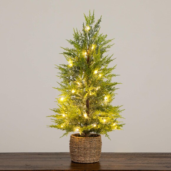 32-in Pre-Lit Artificial Lightly Snowed Cypress Christmas Tree with 30 Warm White LED Lights in Decorative Weaved Basket - SKU #T5422 - 12