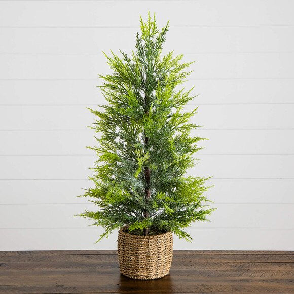 32-in Pre-Lit Artificial Lightly Snowed Cypress Christmas Tree with 30 Warm White LED Lights in Decorative Weaved Basket - SKU #T5422 - 13