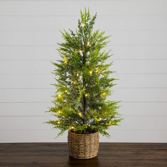 32-in Pre-Lit Artificial Lightly Snowed Cypress Christmas Tree with 30 Warm White LED Lights in Decorative Weaved Basket - SKU #T5422 - 14