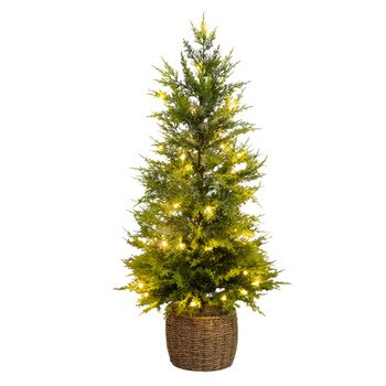 3-ft Pre-Lit Artificial Lightly Snowed Cypress Christmas Tree with 38 Warm White LED Lights in Decorative Weaved Basket - SKU #T5423