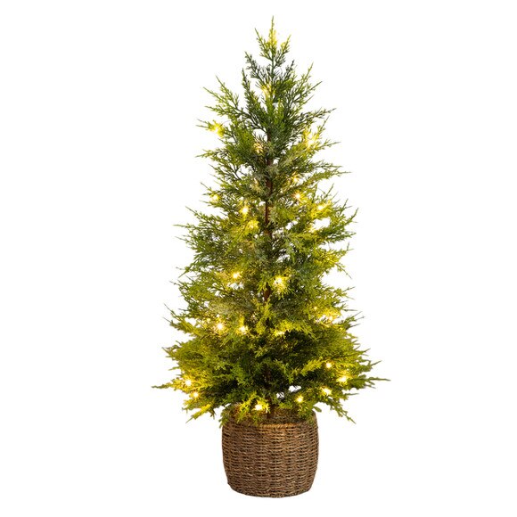 3-ft Pre-Lit Artificial Lightly Snowed Cypress Christmas Tree with 38 Warm White LED Lights in Decorative Weaved Basket - SKU #T5423