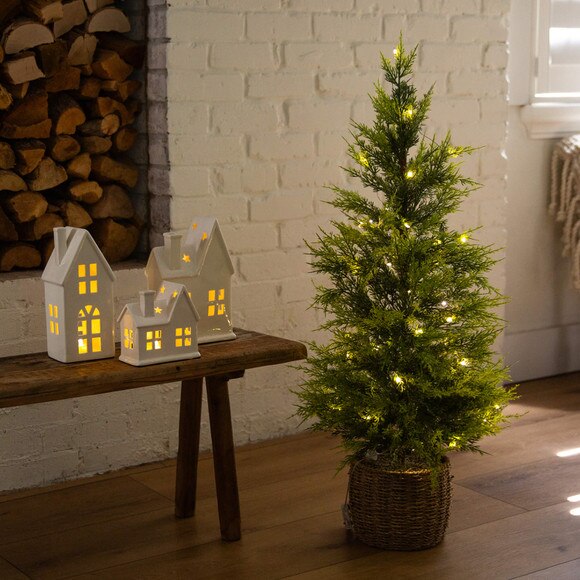 3-ft Pre-Lit Artificial Lightly Snowed Cypress Christmas Tree with 38 Warm White LED Lights in Decorative Weaved Basket - SKU #T5423 - 6