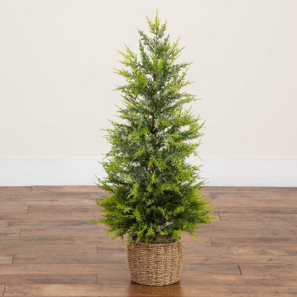 3-ft Pre-Lit Artificial Lightly Snowed Cypress Christmas Tree with 38 Warm White LED Lights in Decorative Weaved Basket - SKU #T5423 - 8