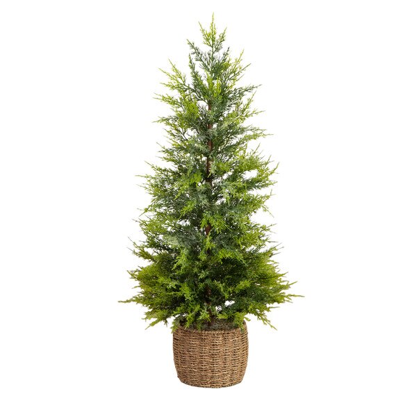 3-ft Pre-Lit Artificial Lightly Snowed Cypress Christmas Tree with 38 Warm White LED Lights in Decorative Weaved Basket - SKU #T5423 - 10