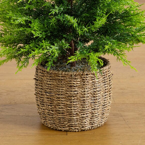 3-ft Pre-Lit Artificial Lightly Snowed Cypress Christmas Tree with 38 Warm White LED Lights in Decorative Weaved Basket - SKU #T5423 - 11