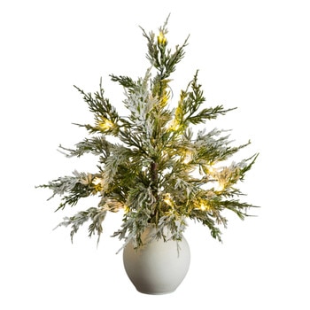 18-in Pre-Lit Artificial Mini Snowed Cypress Christmas Tree with 12 LED Lights in White Ceramic Planter - SKU #T5424