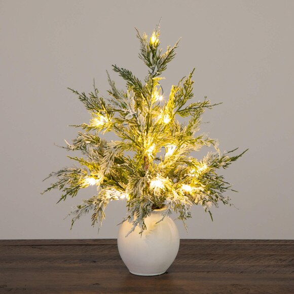 18-in Pre-Lit Artificial Mini Snowed Cypress Christmas Tree with 12 LED Lights in White Ceramic Planter - SKU #T5424 - 8