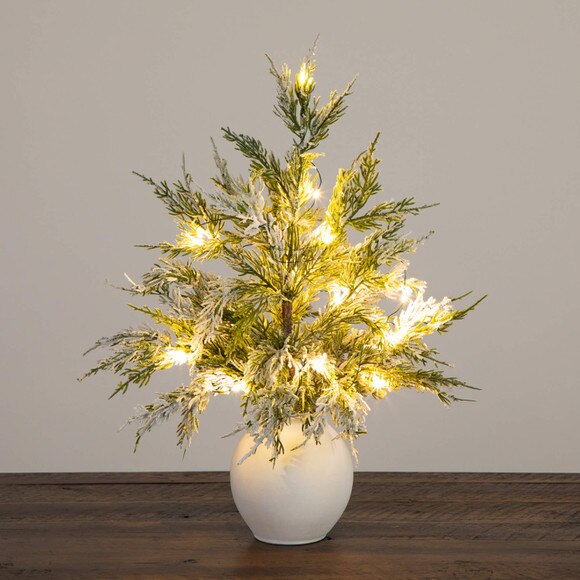 18-in Pre-Lit Artificial Mini Snowed Cypress Christmas Tree with 12 LED Lights in White Ceramic Planter - SKU #T5424 - 9