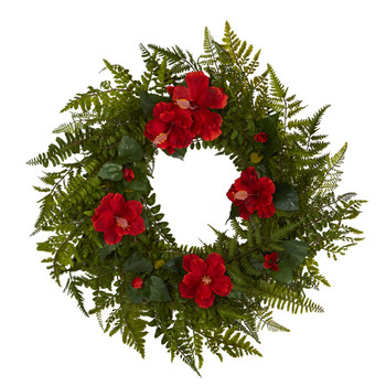 24 Mixed Fern and Hibiscus Artificial Wreath - SKU #W1004