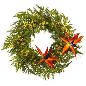 24 Mixed Fern Forsythia and Bird of Paradise Artificial Wreath - SKU #W1015