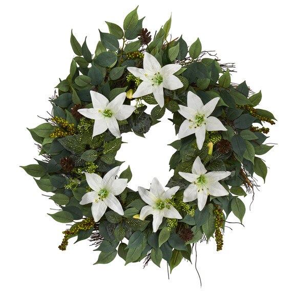 23 Mixed Ruscus Lily Fittonia and Berries Artificial Wreath - SKU #W1017
