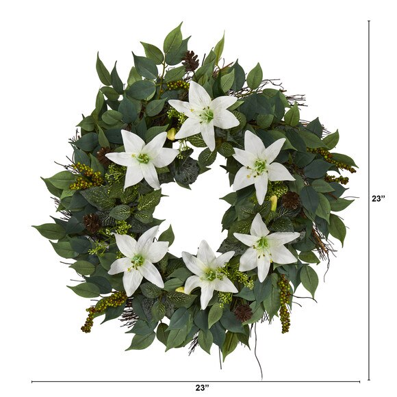 23 Mixed Ruscus Lily Fittonia and Berries Artificial Wreath - SKU #W1017 - 1